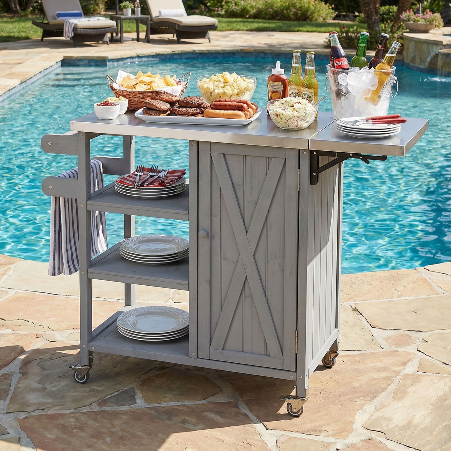Foldable Outdoor Kitchen Island With Storage Cabinet