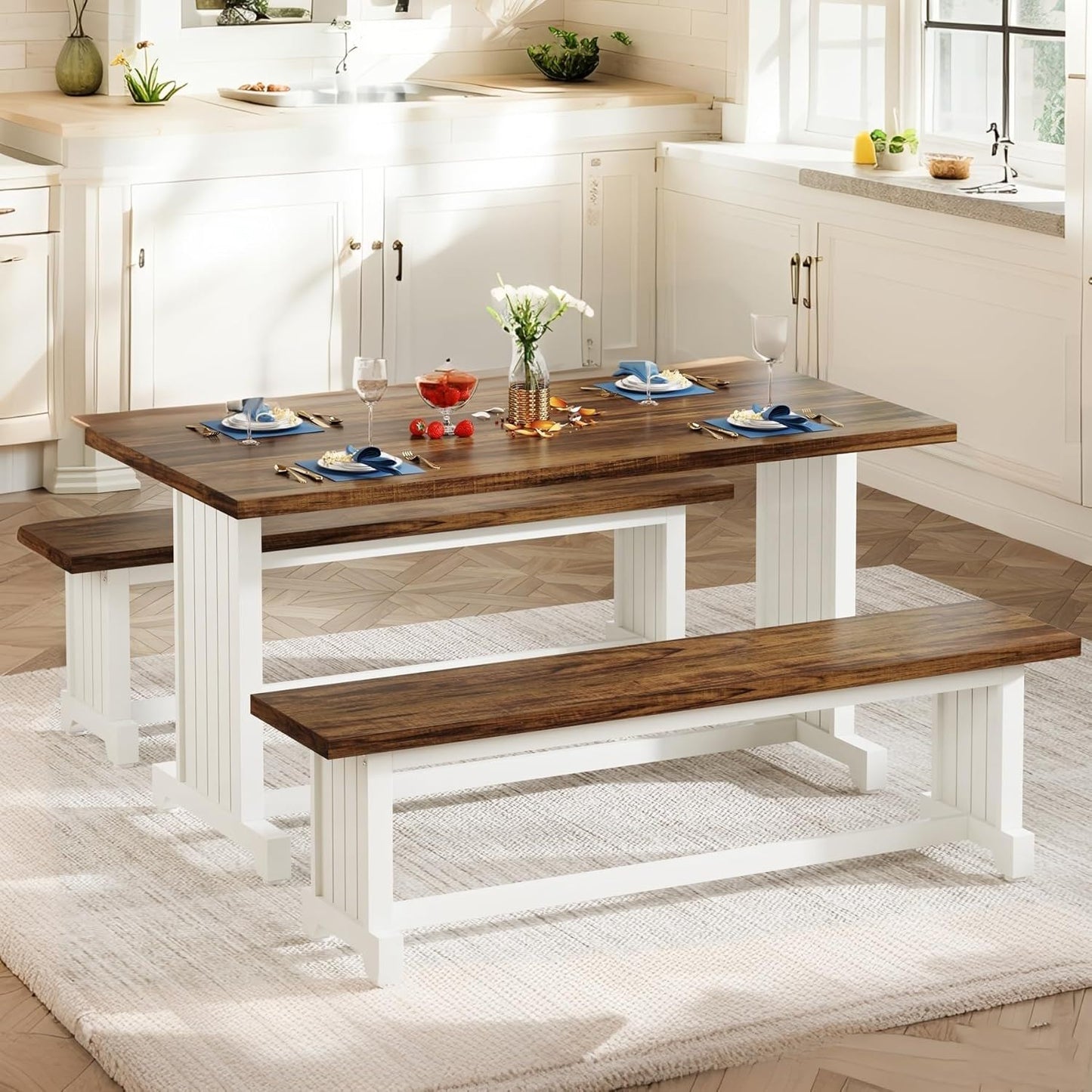 3 Piece Dining Table Set For 2 - 4, With Space Saving Benches - Brown / White