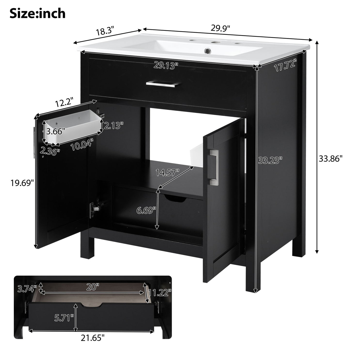 Bathroom Vanity With Sink And Ample Storage, Rectangular Undermount Sink - Black