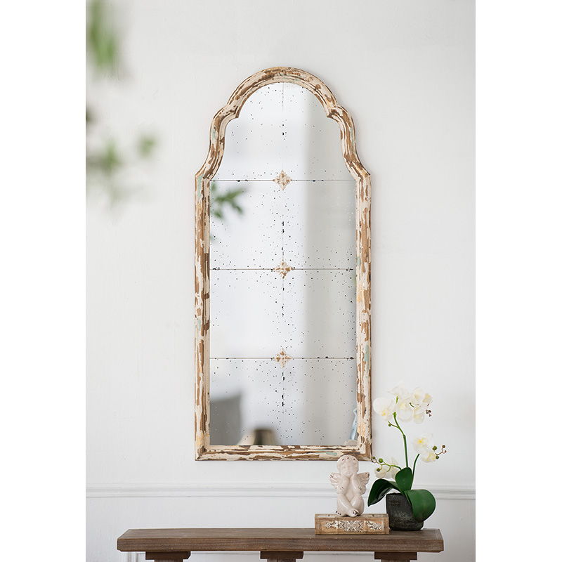 Espejo de pared grande con marco, espejo arqueado con efecto ventana para sala de estar - Crema