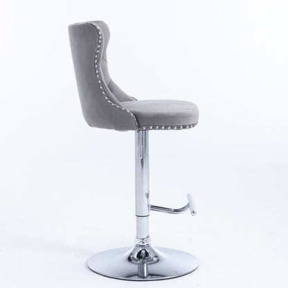 Taburetes giratorios de terciopelo con altura de asiento ajustable de 63 a 84 cm. Modernos taburetes de bar con base cromada y tapizados, cómodos y capitoné para el hogar, el pub y la isla de cocina (juego de 2).
