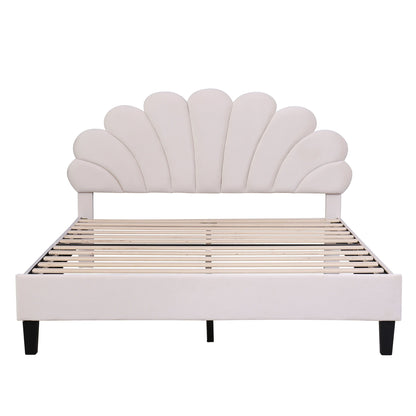 Cama de plataforma tapizada con cabecero de terciopelo con estampado floral