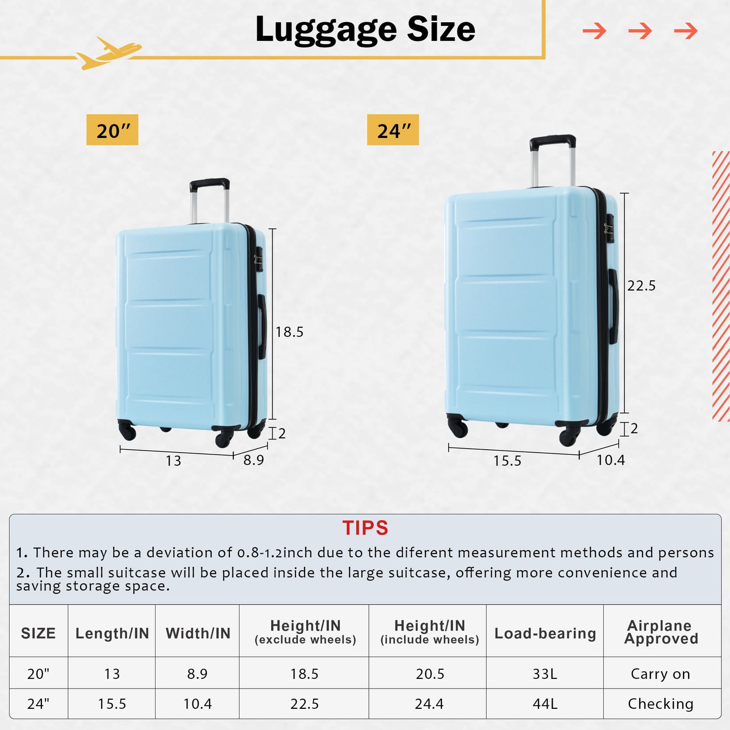 Juego de 2 maletas con ruedas giratorias extensibles, maleta ligera de ABS con cerradura TSA de 20"/24"