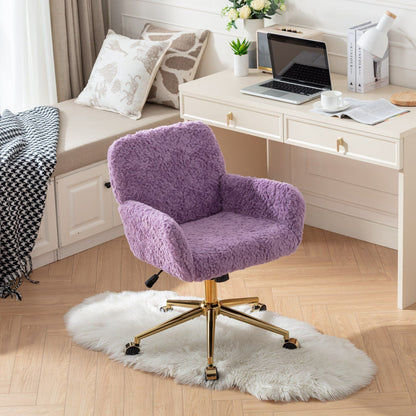 Silla de oficina con pelo artificial de conejo y base de metal dorado, ajustable, giratoria y de tocador.