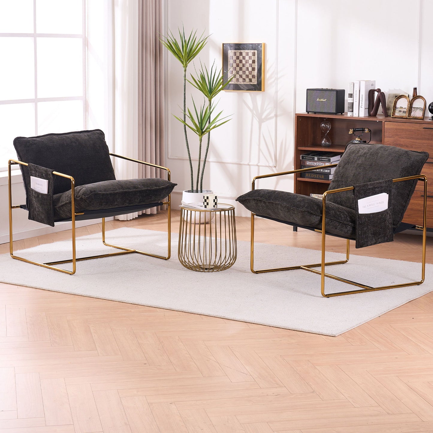 Sillón colgante tapizado con bolsillos para brazos, estructura de metal (juego de 2), acabado dorado, cojines de espuma triturada y tejido agradable para la piel, ideal para sala de estar y dormitorio.
