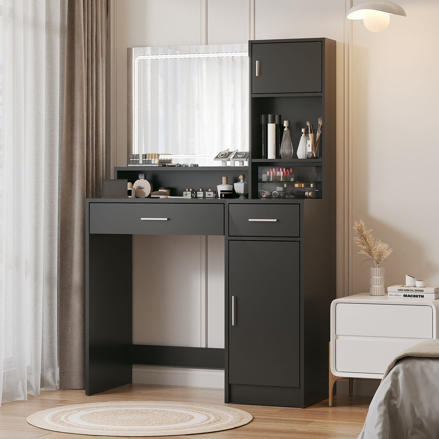 Tocador con espejo y tira de luz LED, tocador con cajón grande, 3 niveles de almacenamiento y 3 modos de iluminación con brillo ajustable, ideal para dormitorio.