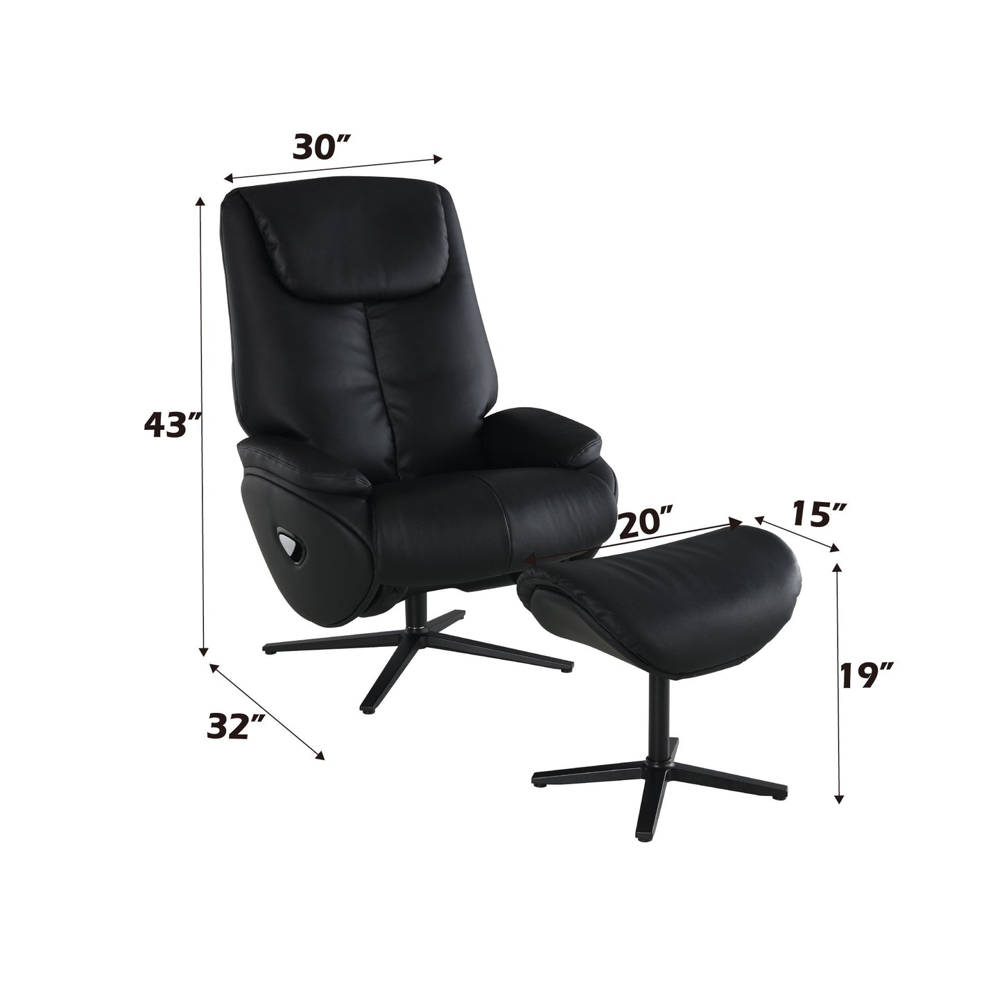 Labotina - Silla decorativa de cuero de grano superior con asiento giratorio y otomana - Negro