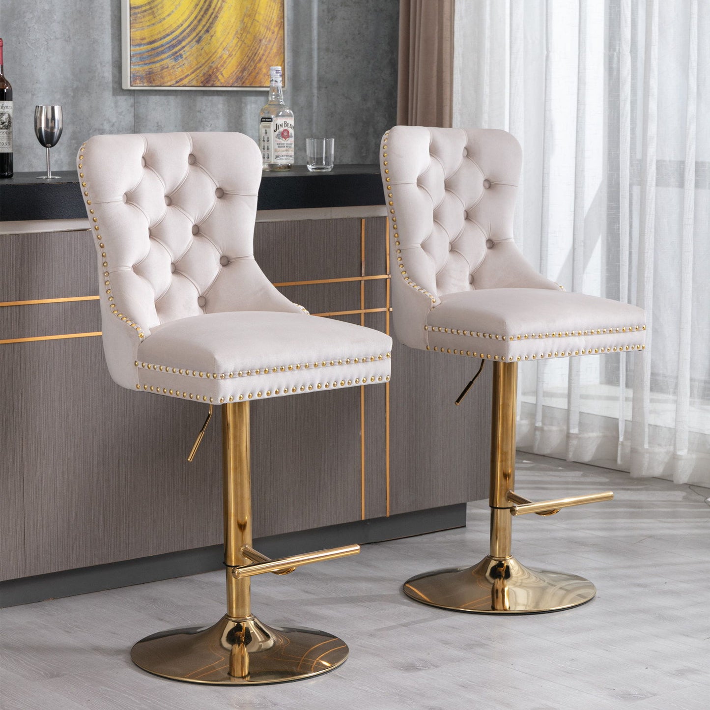 Taburetes de bar giratorios de terciopelo dorado grueso con altura de asiento ajustable de 63 a 84 cm. Taburetes de bar modernos tapizados con respaldo, cómodos y capitoné para el hogar, el pub y la isla de cocina (juego de 2).