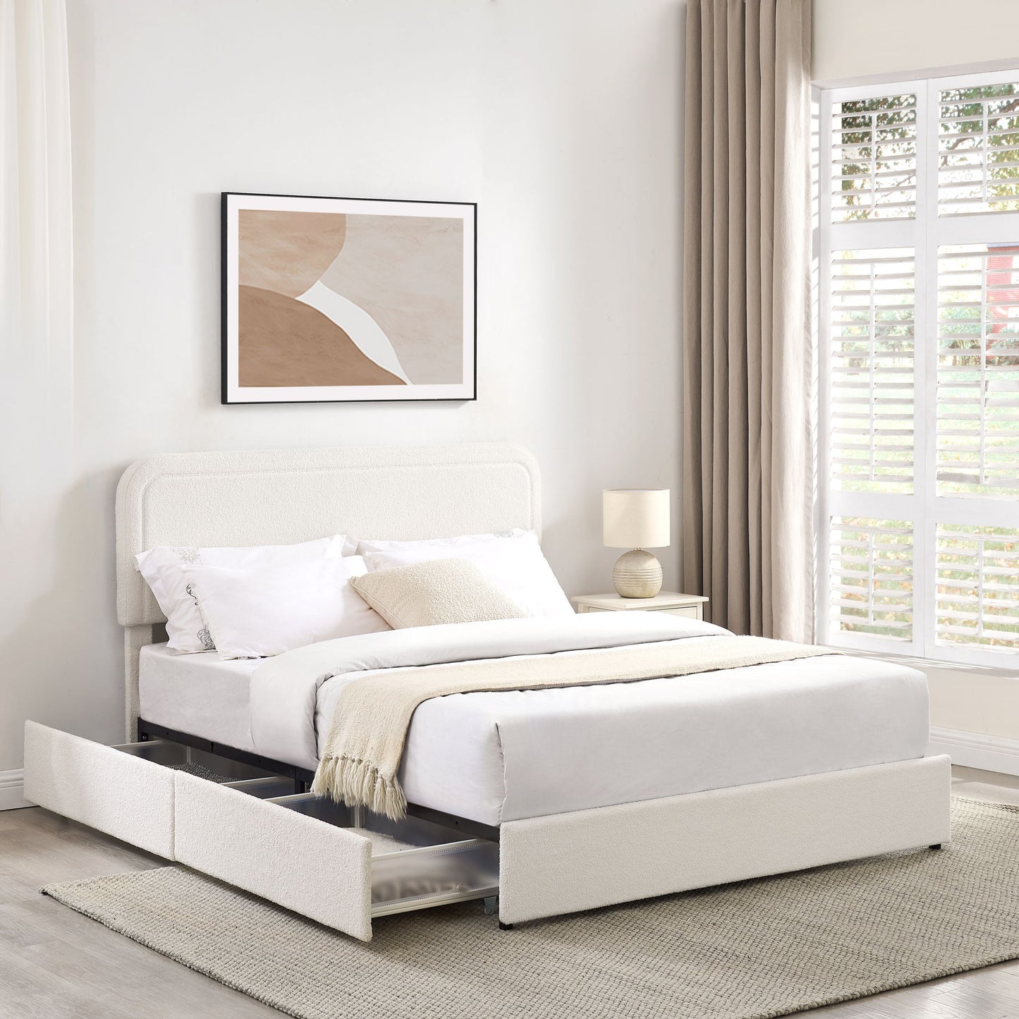 Liv - Cama tapizada con plataforma de almacenamiento y cajones patentada