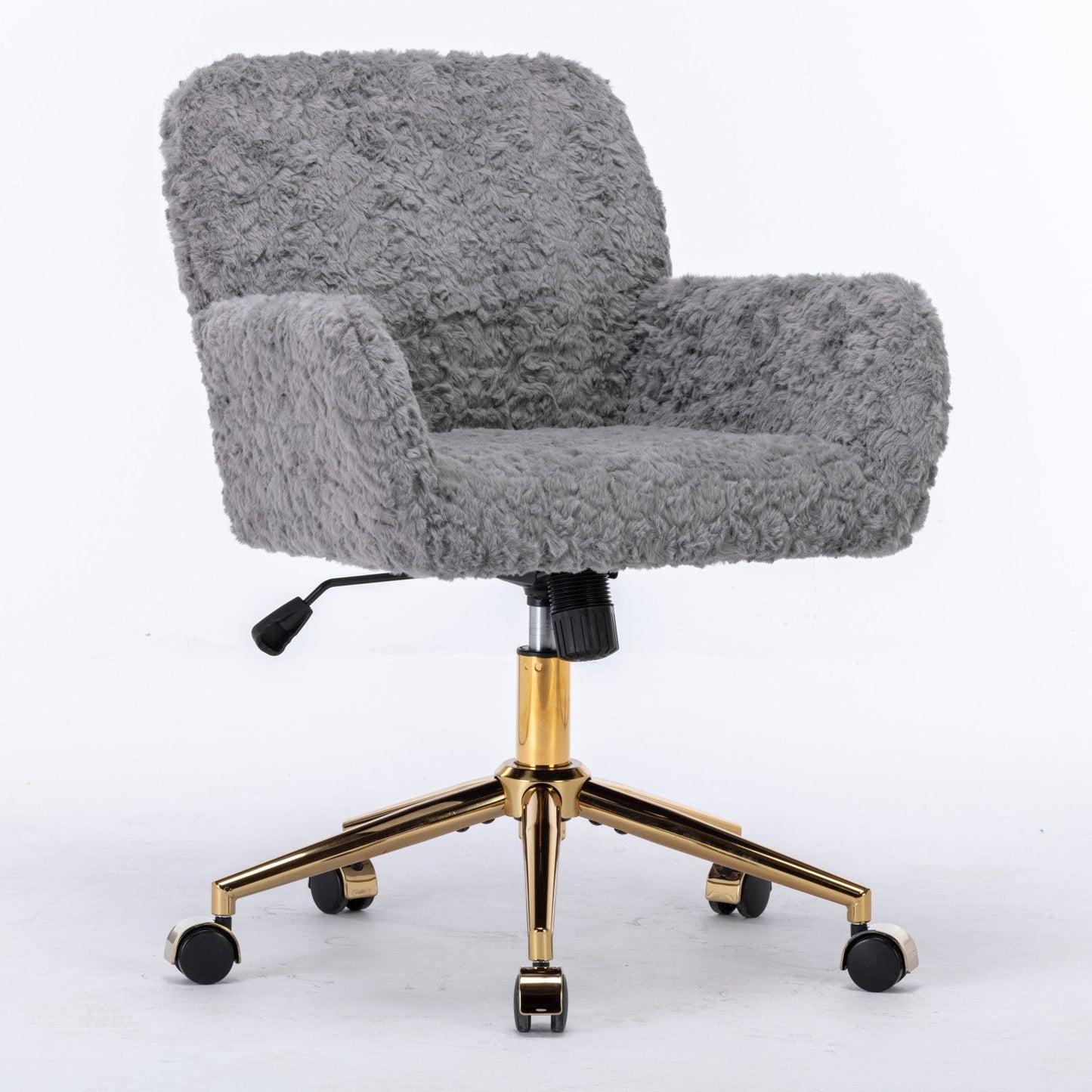 Silla de oficina con pelo artificial de conejo y base de metal dorado, ajustable, giratoria y de tocador.