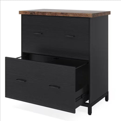 2 Drawer Lateral File Cabinet, A4 / Letter Size, Heavy Duty Storage For Home Office - Brown / Black