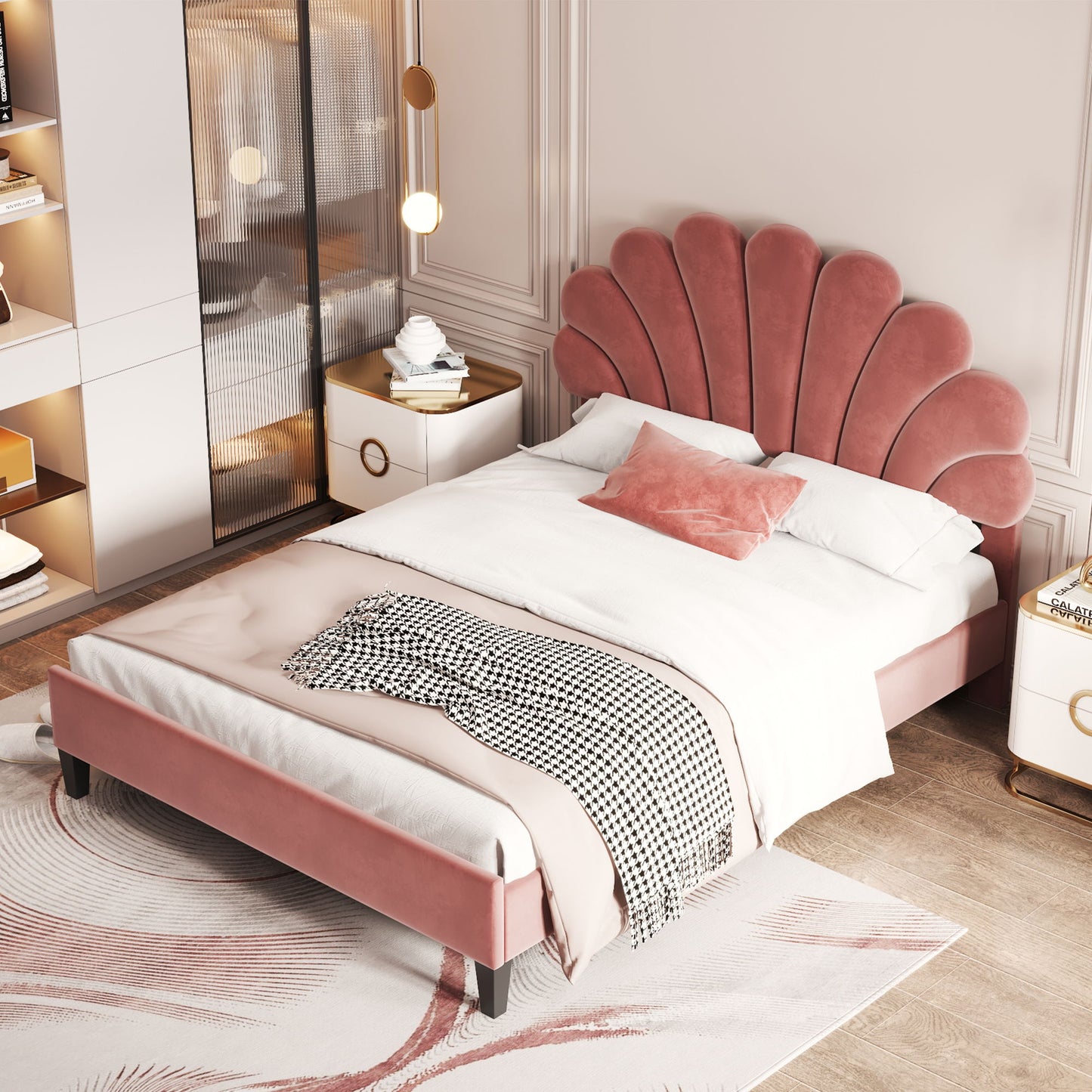 Cama de plataforma tapizada con cabecero de terciopelo con estampado floral
