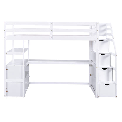 Loft Bed With Desk, Shelves, 2 Drawers, Storage Staircase