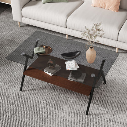 Rectangle Coffee Table With Tempered Glass Top And Shelf, Modern Table For Living Room