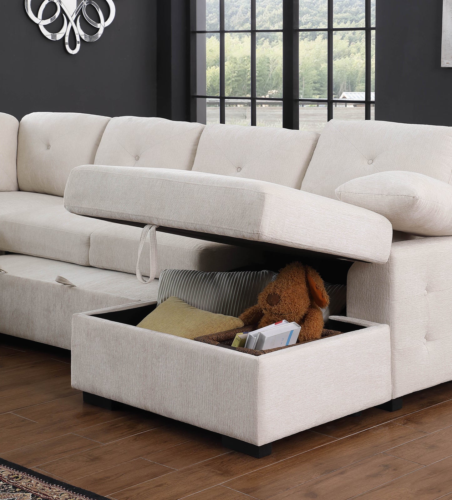 Nyhan - Seccional de esquina tapizado con sofá extraíble y chaise longue con espacio de almacenaje