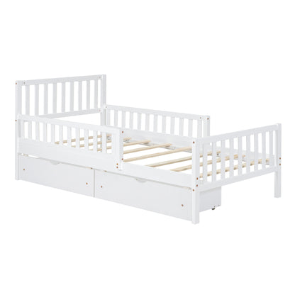 Platform Bed With Guardrails On Both Sides And 2 Storage Drawers