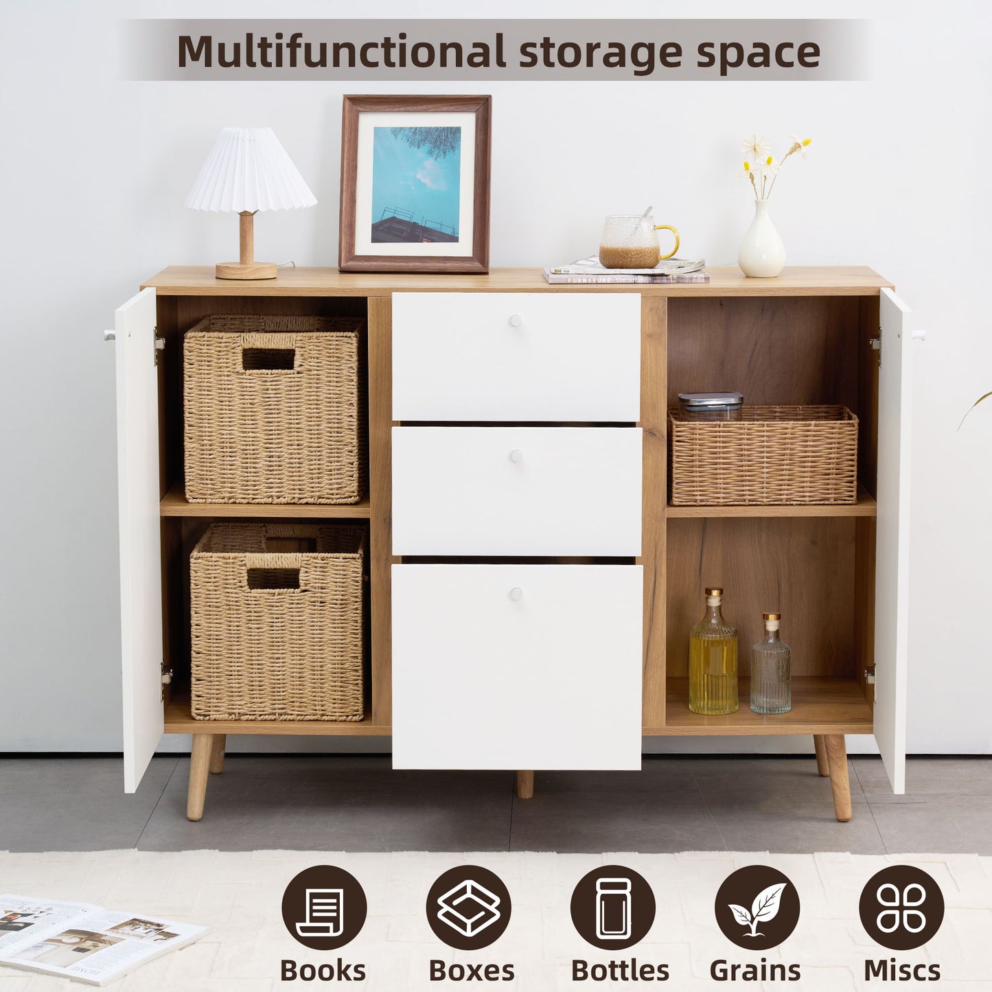 Aparador con 3 cajones y 2 puertas, con estantes ajustables para salón, comedor, pasillo y cocina, color blanco.